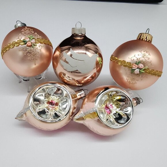 Vintage Rose Gold Glass Christmas Ornaments Set Of 5 With Floral & Dove Design - Picture 1 of 7